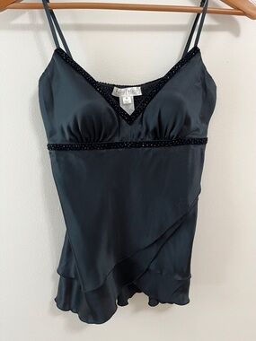 White House Black Market Black Satin Beaded V-Neck Cami Top Silk Ruffles Size XS
